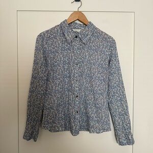 Garnet Hill Shirt Sz 06P Blue Floral Button Up Long Sleeve Cotton Lightweight